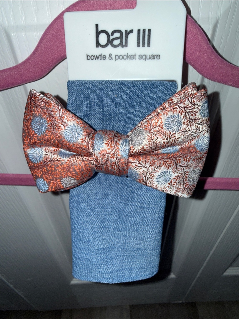Bar III Orange and Light Blue Floral Bow Tie with Blue Pocket Square